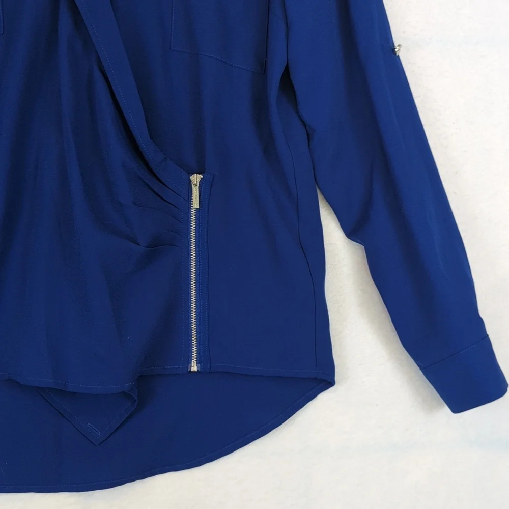 Michael Kors Cobalt Blue Chiffon Collared‎ Front Zipper Long Sleeve Blouse M